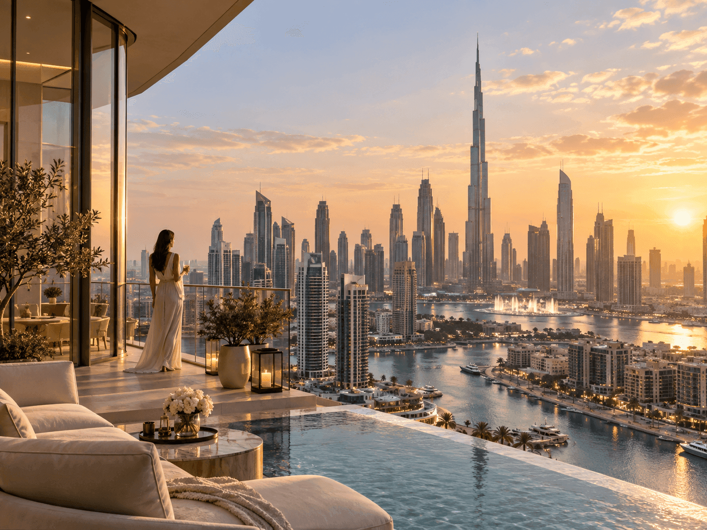 Terrace and infinity pool overlooking the Dubai skyline at golden hour
