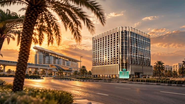 Binghatti Starfall tower on Sheikh Rashid Road, Al Jaddaf, at sunset