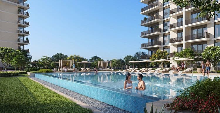 Swimming pool and residences at Golf Fields, Emaar South