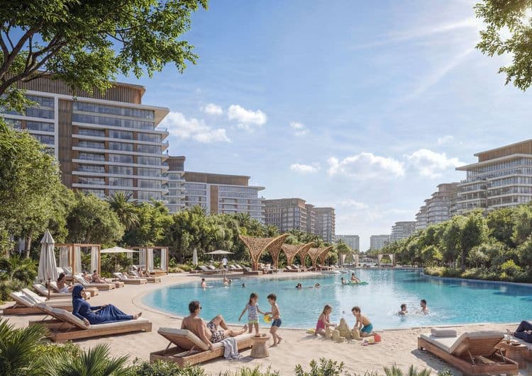 Beach lagoon with sun loungers in the Sobha Sanctuary master community